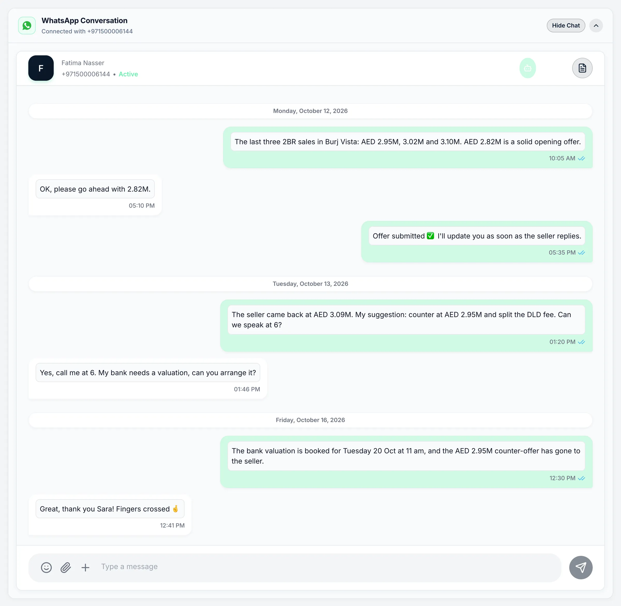 Propfusion CRM: WhatsApp conversation inside a lead, from offer to bank valuation