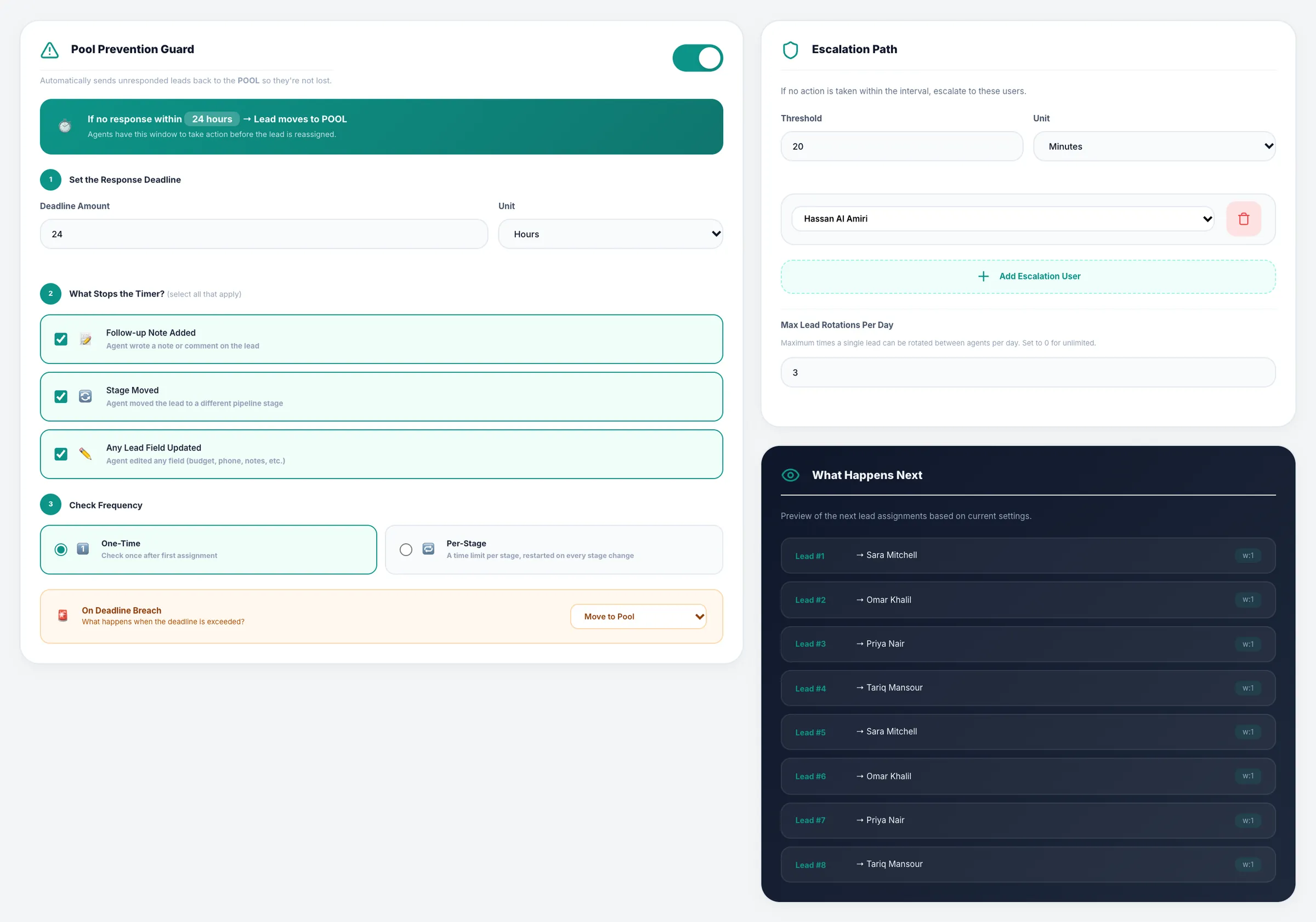 Propfusion CRM: Plan settings with a 20-minute response threshold, 3 rotations a day, an escalation user and a 24-hour move-to-pool deadline