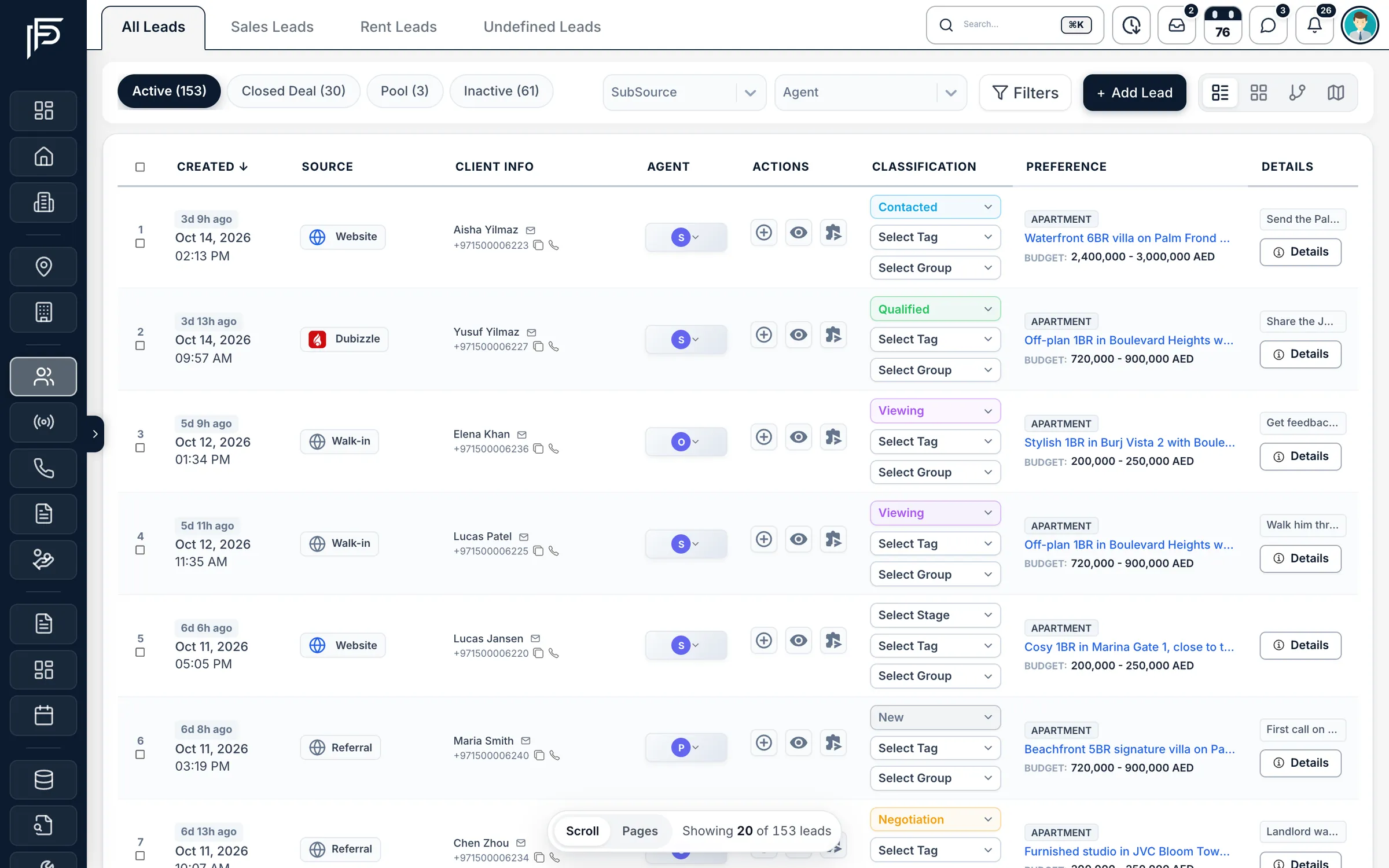 Propfusion CRM: All leads table with source, client contact, agent, stage, preferred property and budget for each lead