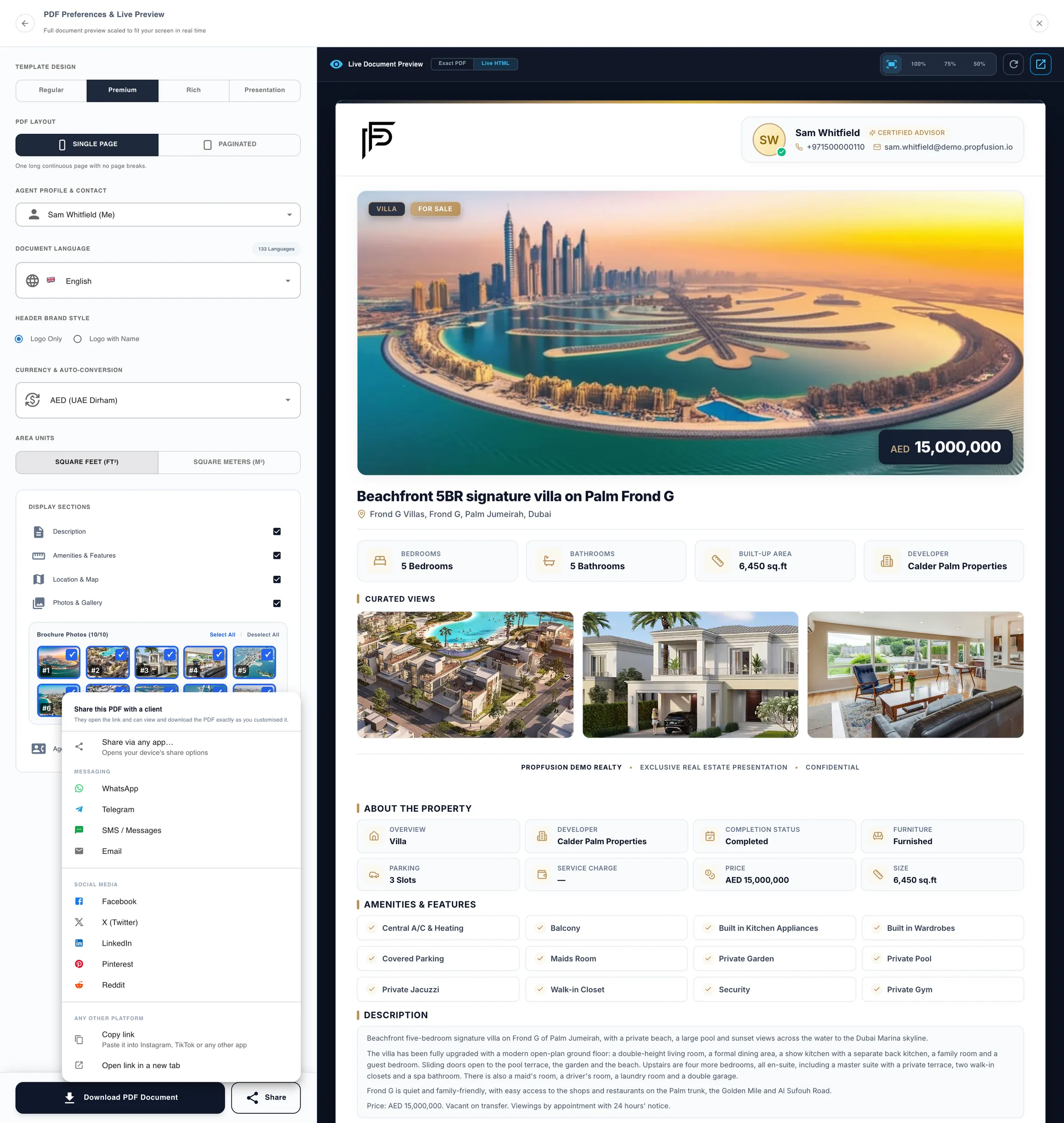 Propfusion CRM: Listing brochure with the share menu open for WhatsApp, Telegram, SMS, email, Facebook, X, LinkedIn, Pinterest, Reddit and copy link