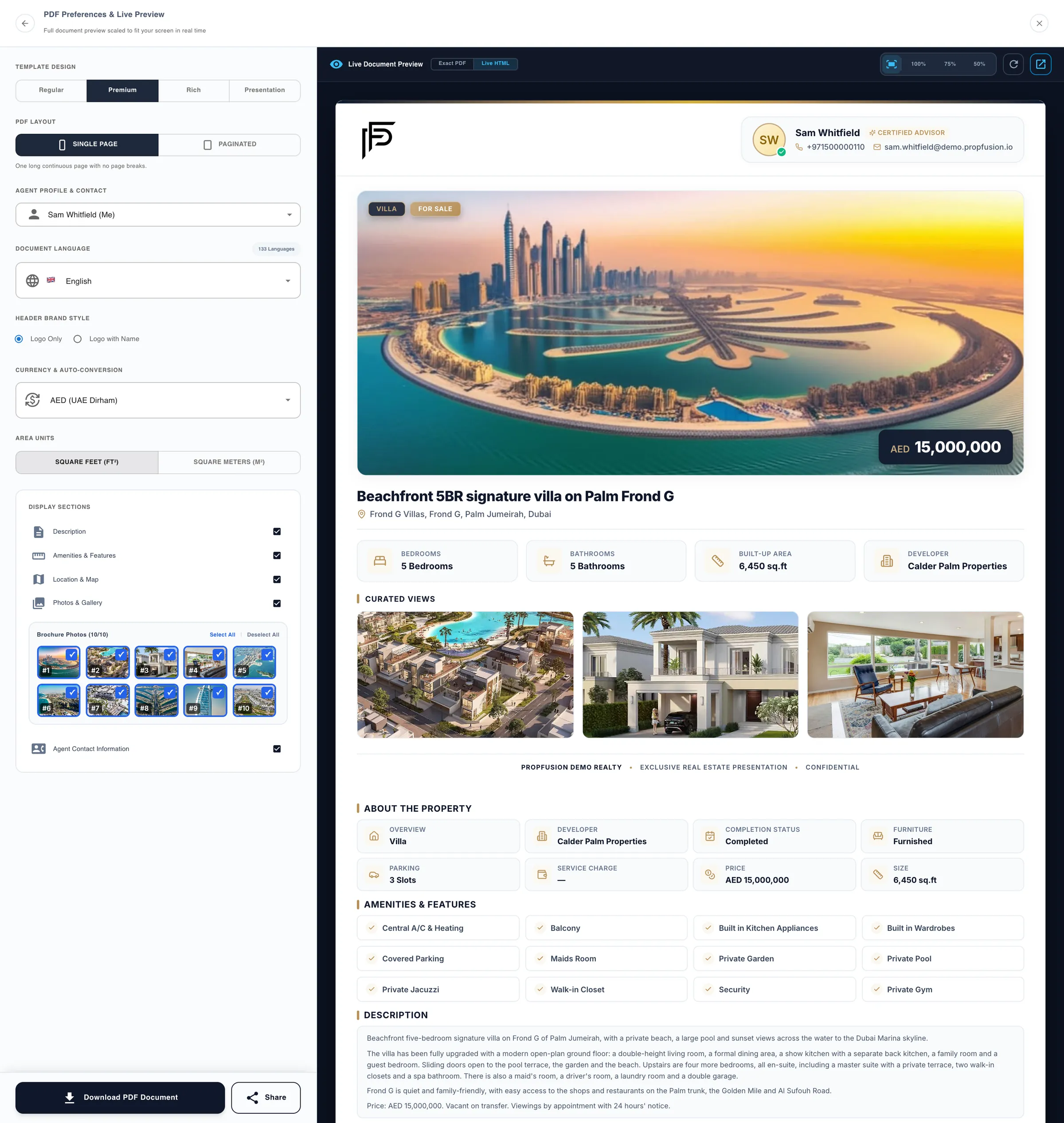 Propfusion CRM: Listing brochure studio with four designs, layout, agent, language, currency, sections and a photo picker