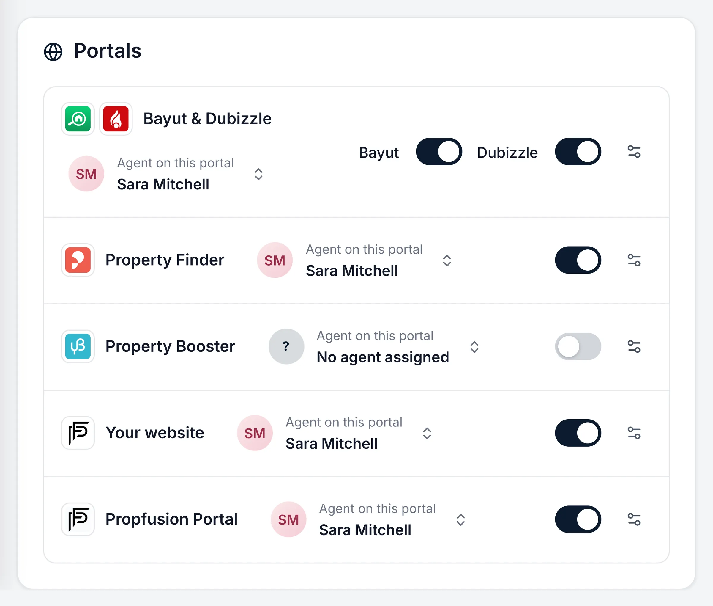 Propfusion CRM: Listing Portals panel with on/off toggles and an agent per portal for Bayut, Dubizzle, Property Finder and your website
