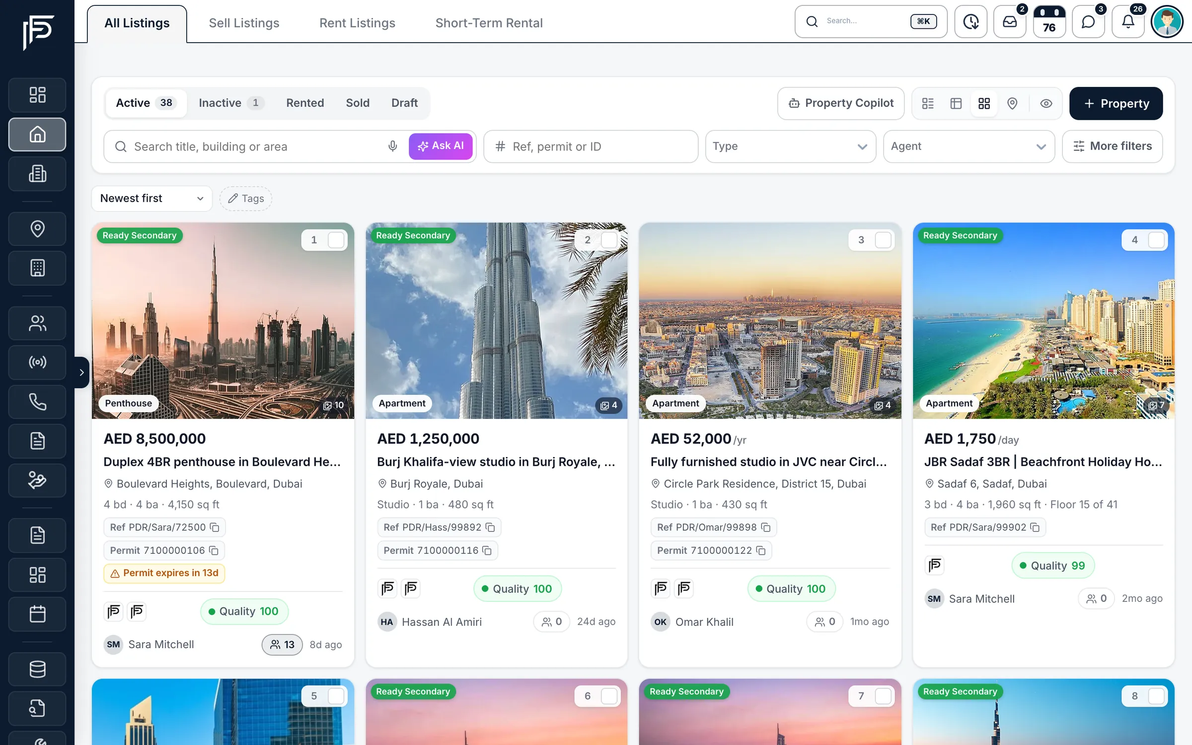 Propfusion CRM: Listing cards with photo, price, location, beds, baths, size, permit, portals, quality score and agent