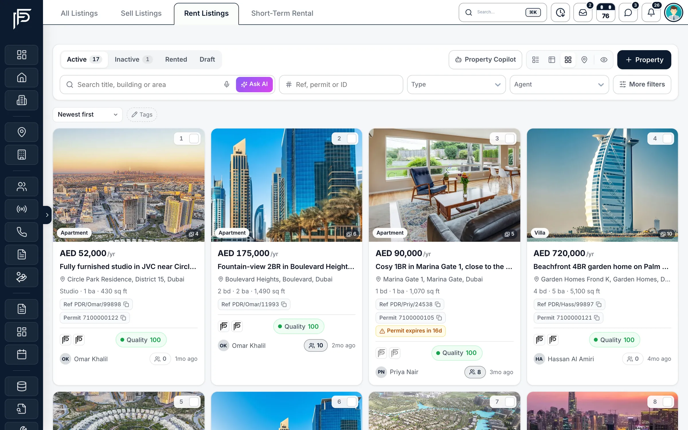 Propfusion CRM: Rent listing cards with yearly price, location, size, permit and expiry warning, portals, quality score and agent
