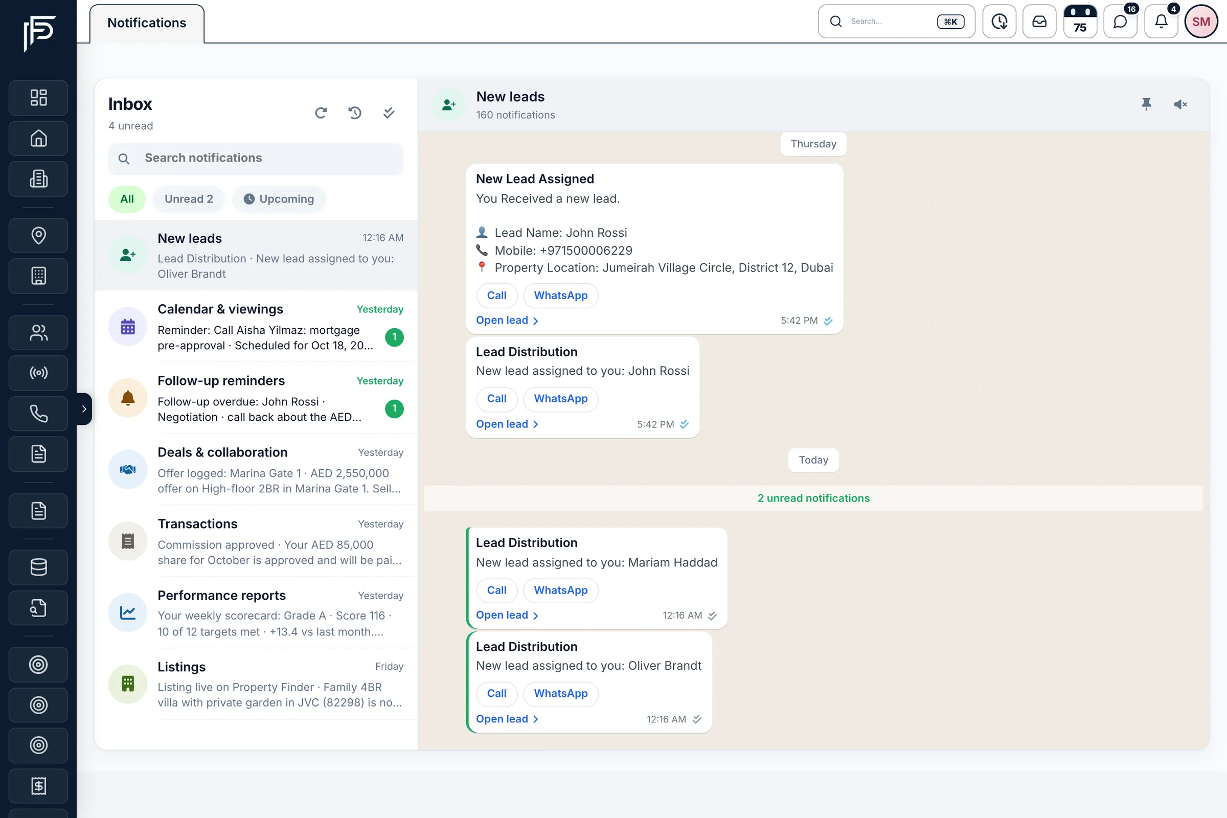 Propfusion CRM: Notifications inbox with the New leads chat open, showing Call, WhatsApp and Open lead buttons