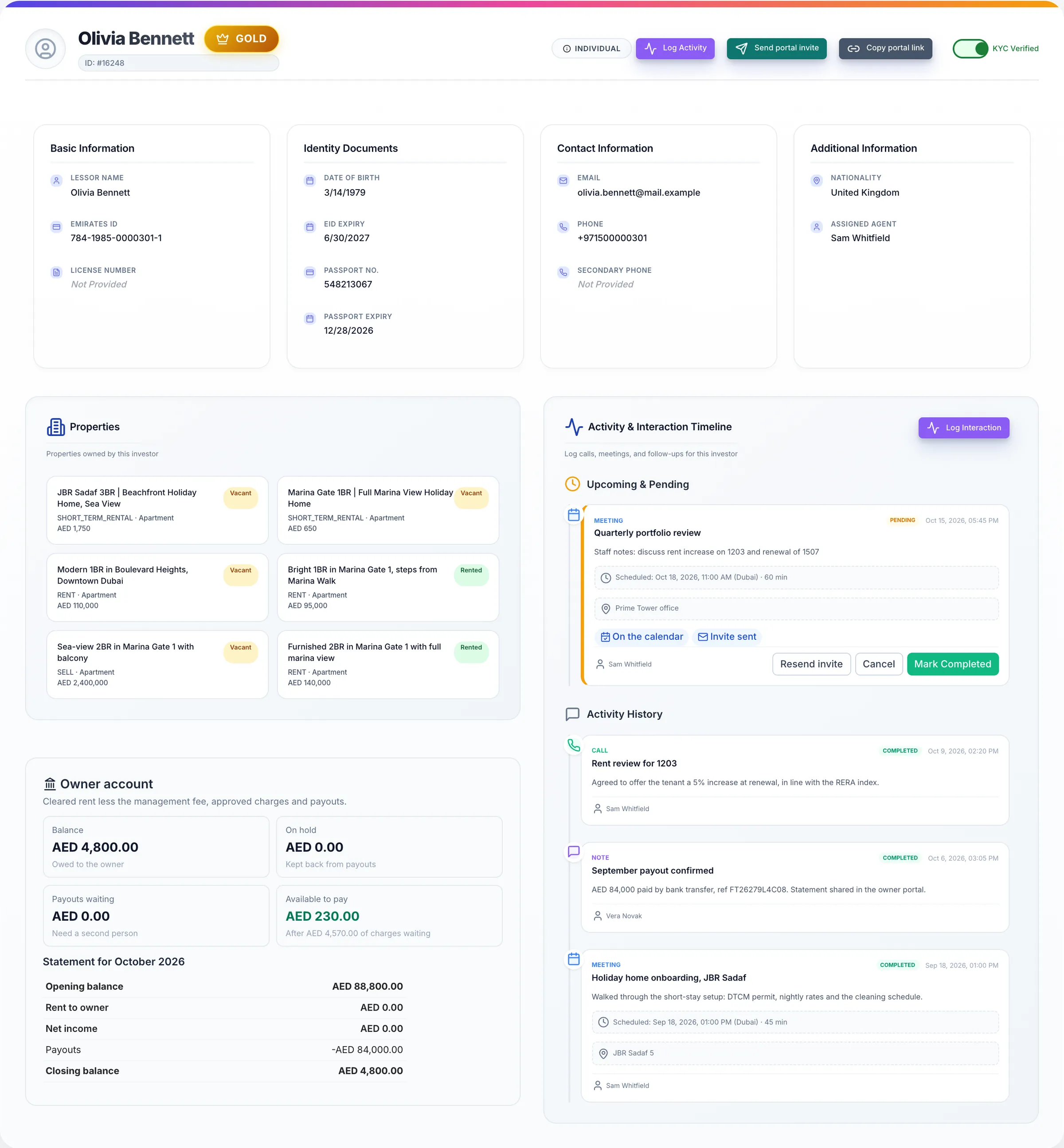 Propfusion CRM: Owner profile with properties, activity timeline and owner account statement