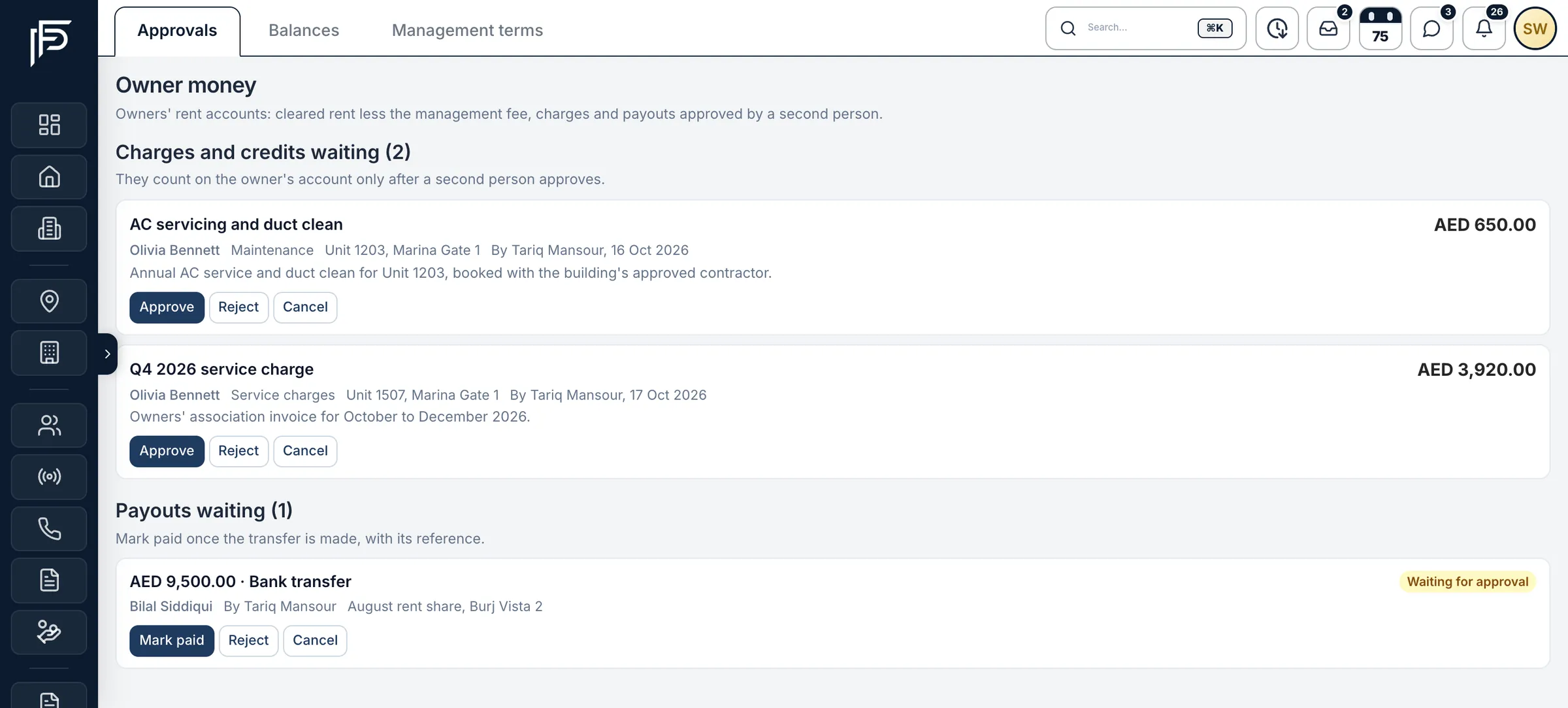 Propfusion CRM: Owner money approvals, with charges and a payout waiting for a second person to approve, reject or mark paid