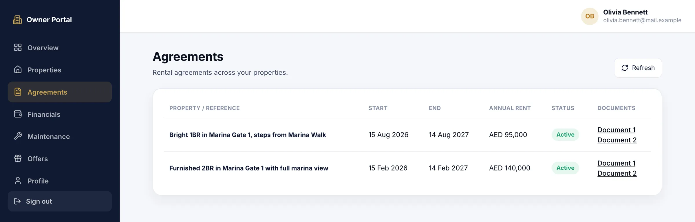Propfusion CRM: Owner portal Agreements page listing rental agreements with dates, annual rent, status and documents