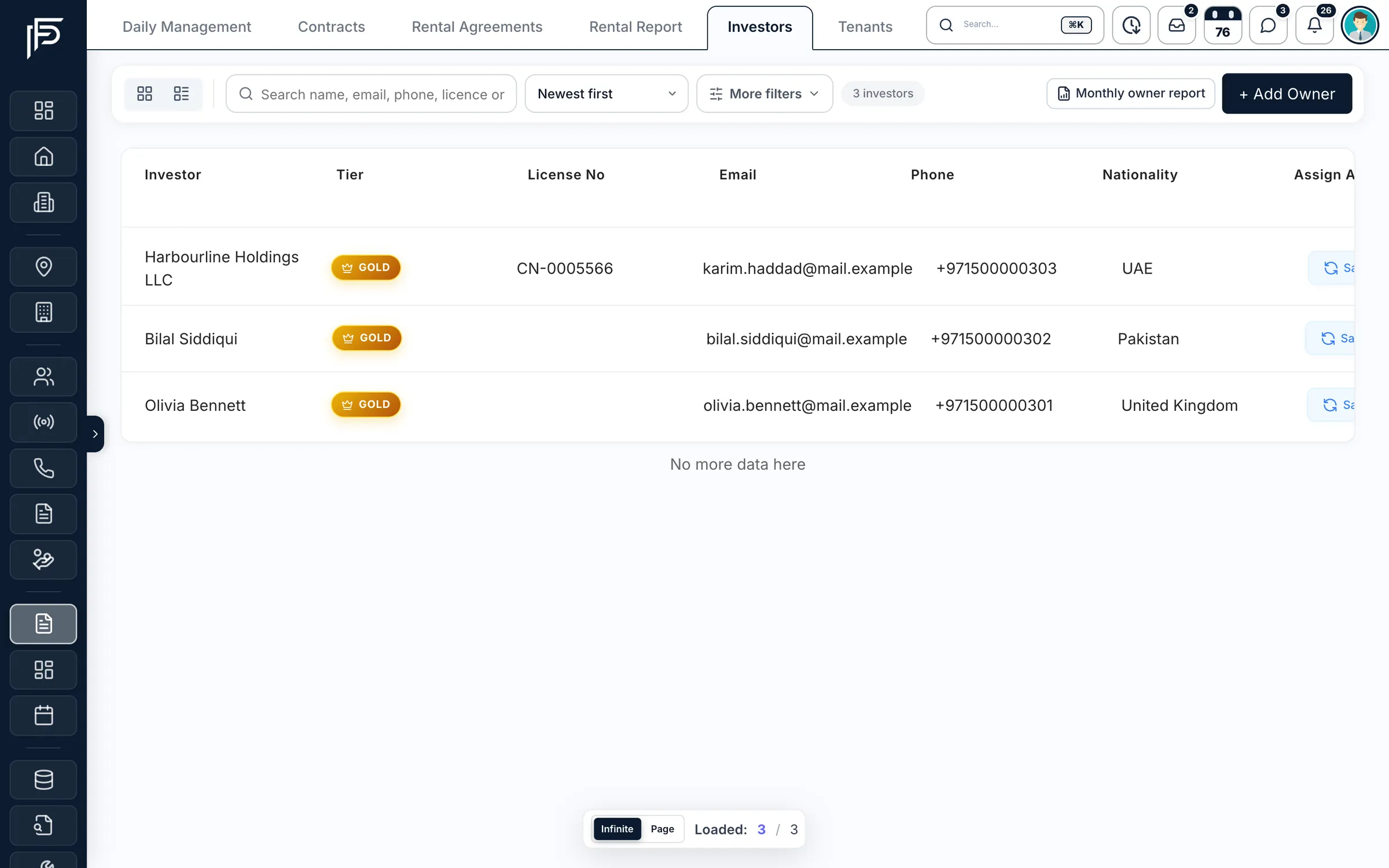 Propfusion CRM: Investors list with tier, license number, email, phone and nationality, plus a Monthly owner report button