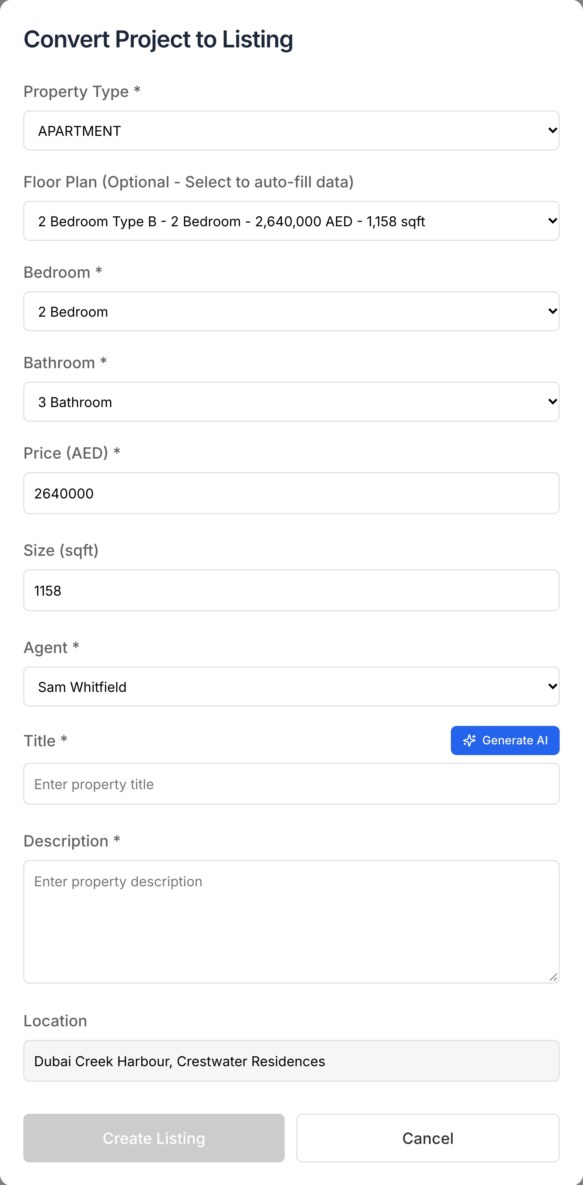 Propfusion CRM: Convert Project to Listing form, where picking a floor plan fills in the bedrooms, price and size, with a Generate AI button for the title