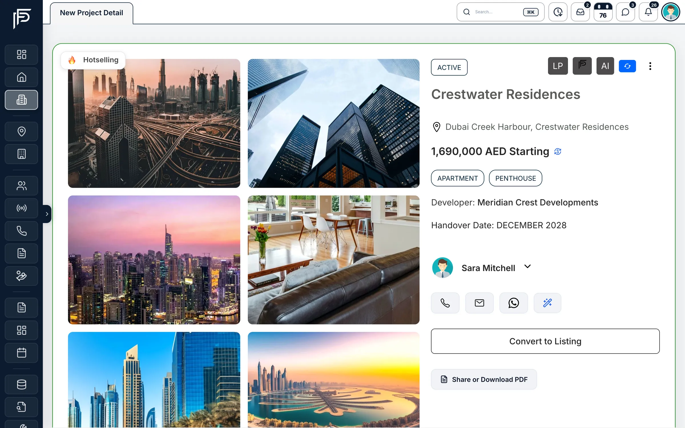 Propfusion CRM: Off-plan project page with photo gallery, starting price, developer, handover date and agent contact buttons