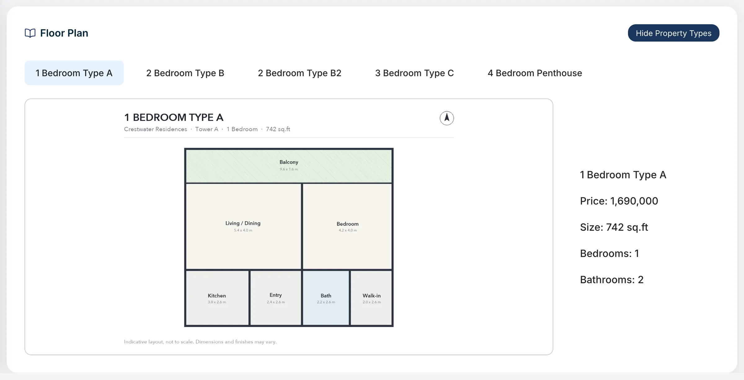 Propfusion CRM: Project floor plan tabs by unit type, showing a 1-bedroom layout with room sizes, price and area