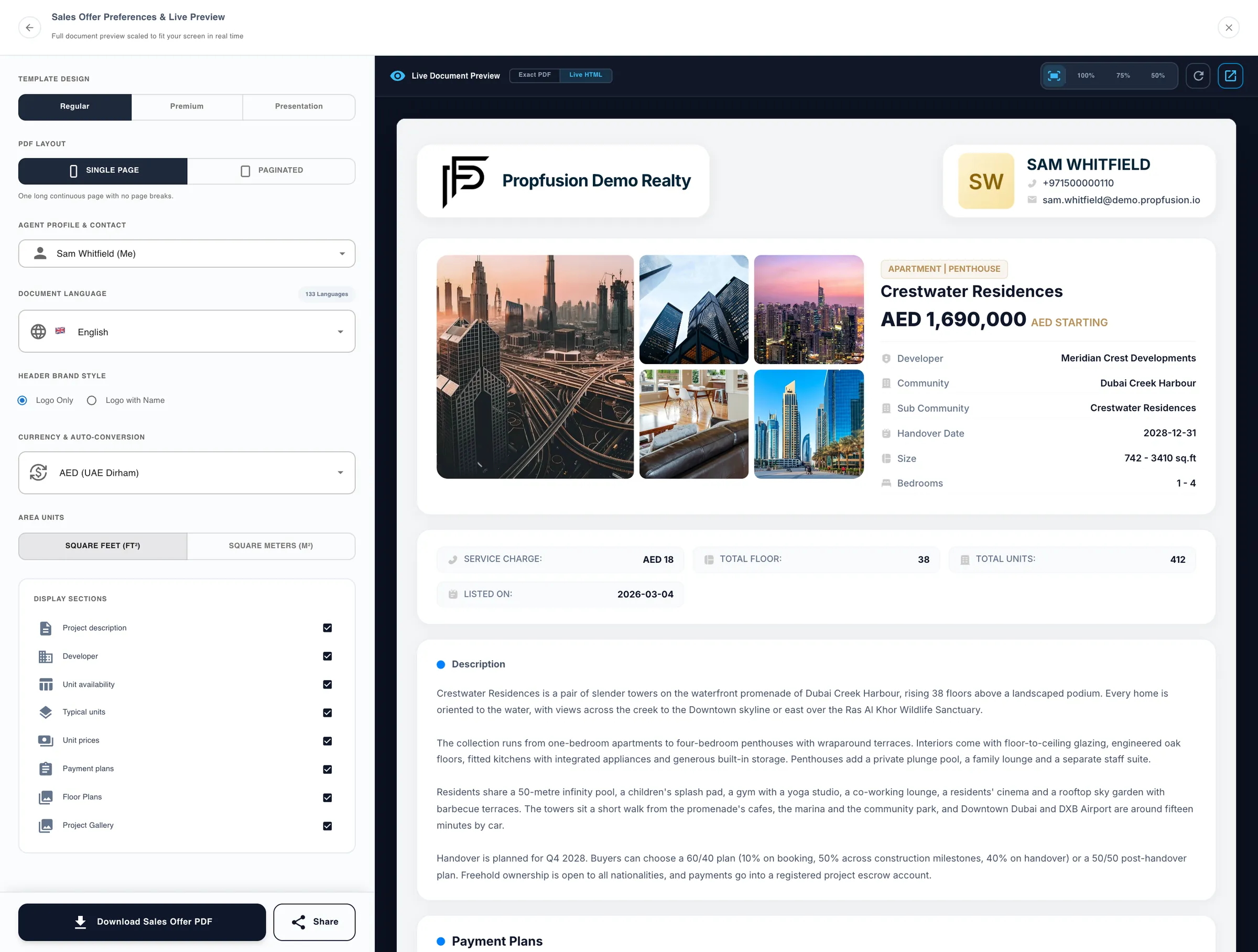 Propfusion CRM: Sales offer builder for a project with template, layout, agent, language, currency, units, sections and a live preview