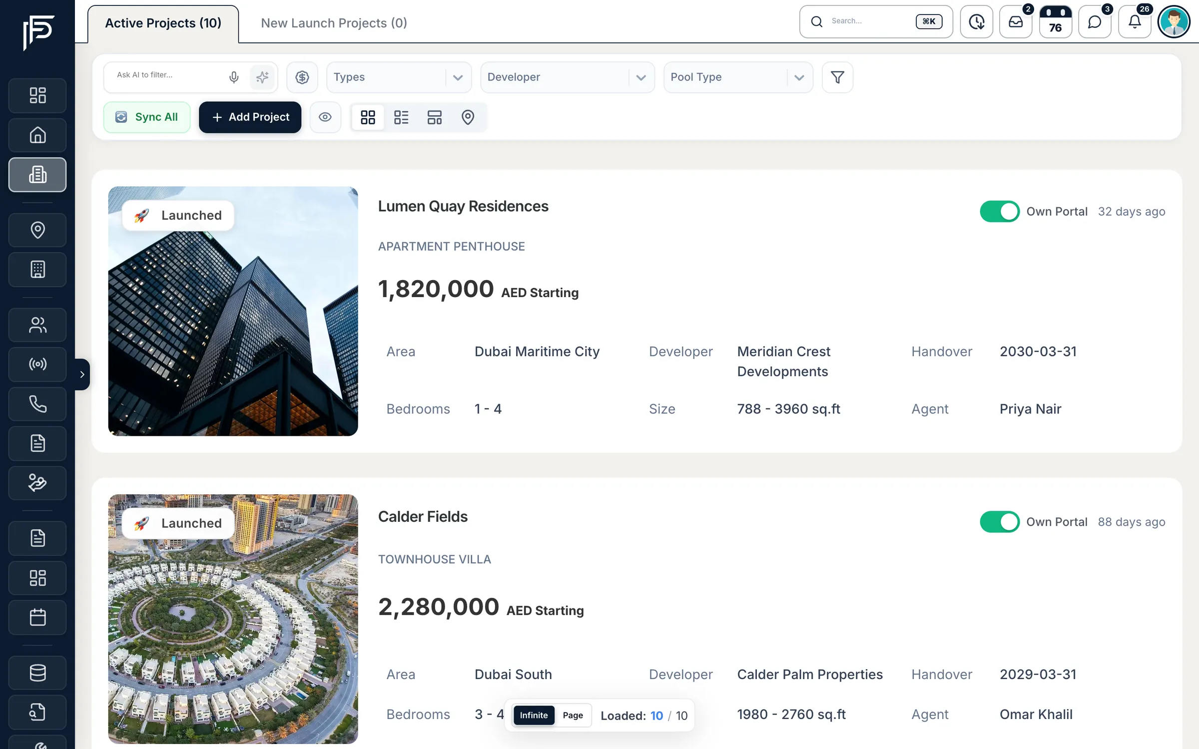 Propfusion CRM: Off-plan project cards with photo, starting price, area, developer, handover date, bedrooms, size and agent