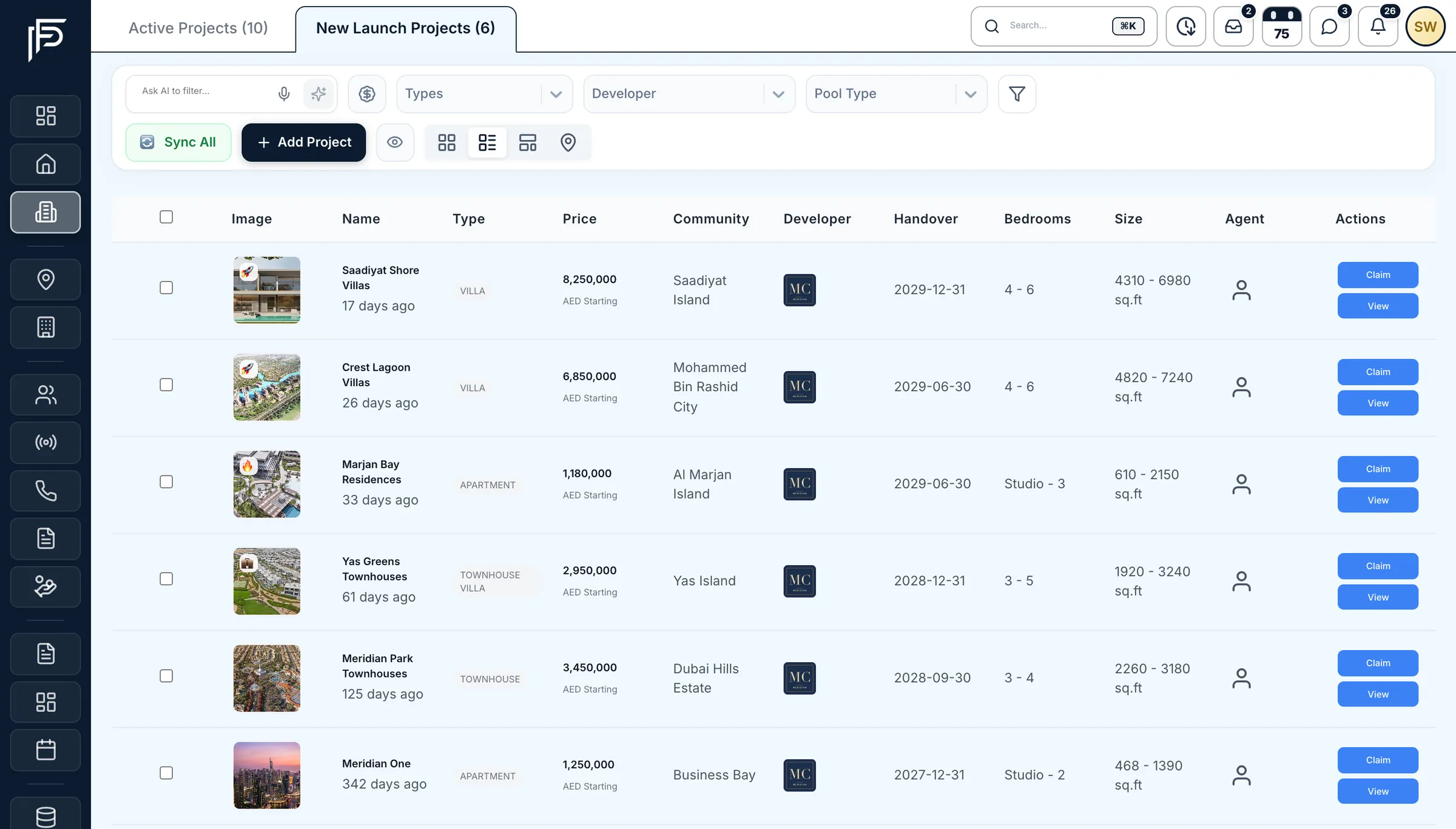 Propfusion CRM: New Launch projects from a developer's Propfusion workspace with price, community, handover and a Claim button