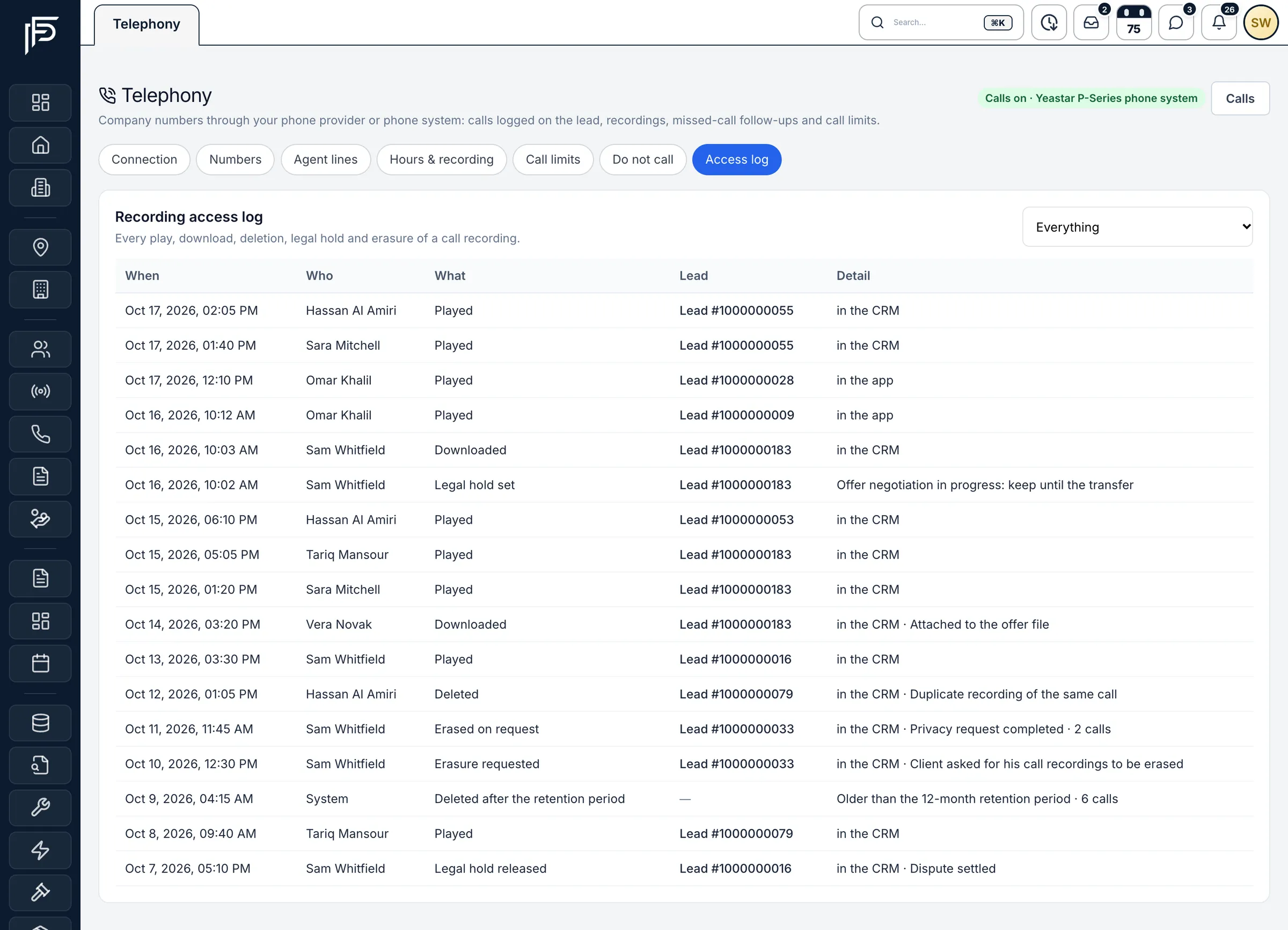Propfusion CRM: Recording access log of plays, downloads, legal holds, deletions and erasures with who, when and which lead