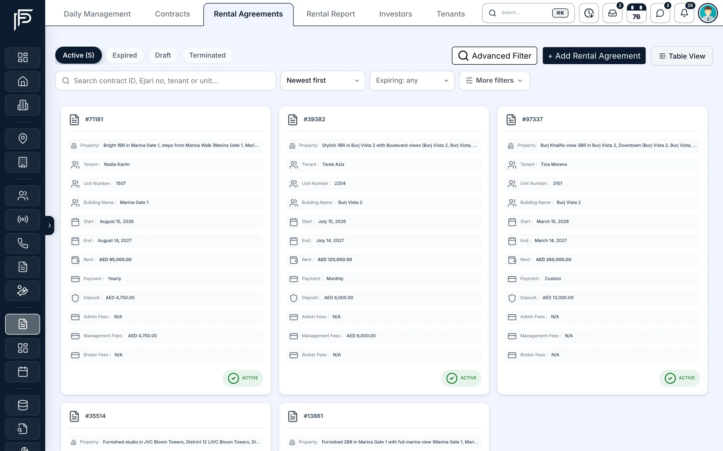 Propfusion CRM: Active rental agreements as cards with tenant, unit, start and end dates, rent, payment terms and deposit