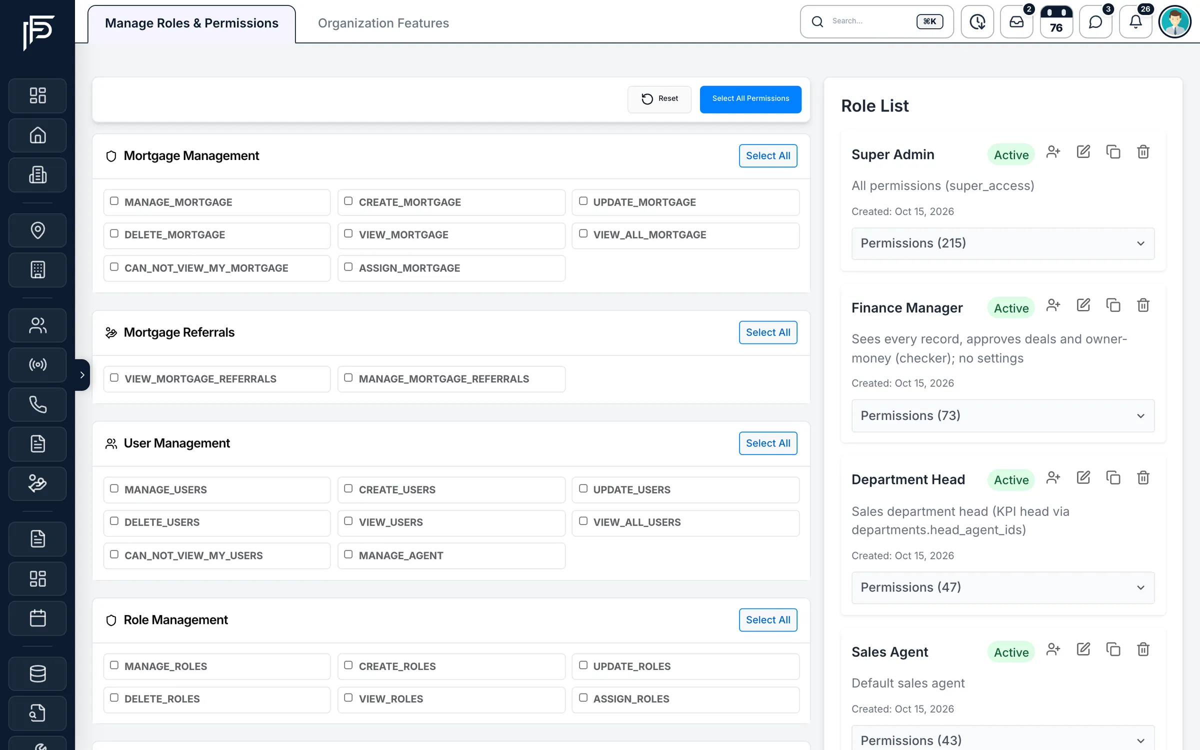 Propfusion CRM: Roles and permissions editor with permission checkboxes by module and a role list with permission counts