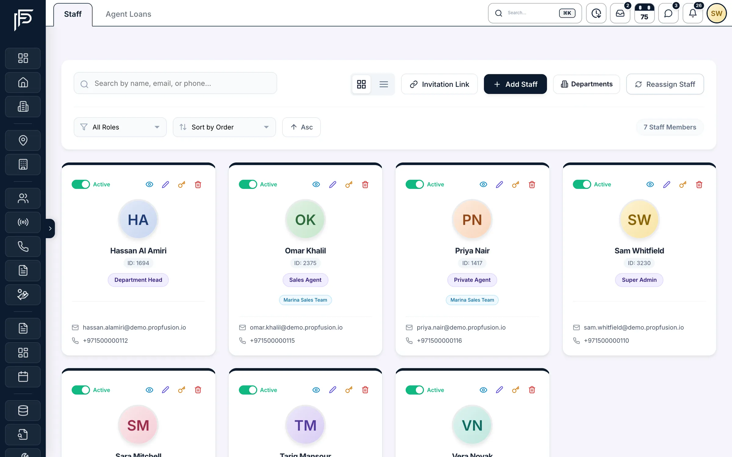 Propfusion CRM: Staff cards with active toggle, role, team, email and phone, plus Add Staff, Invitation Link and Departments