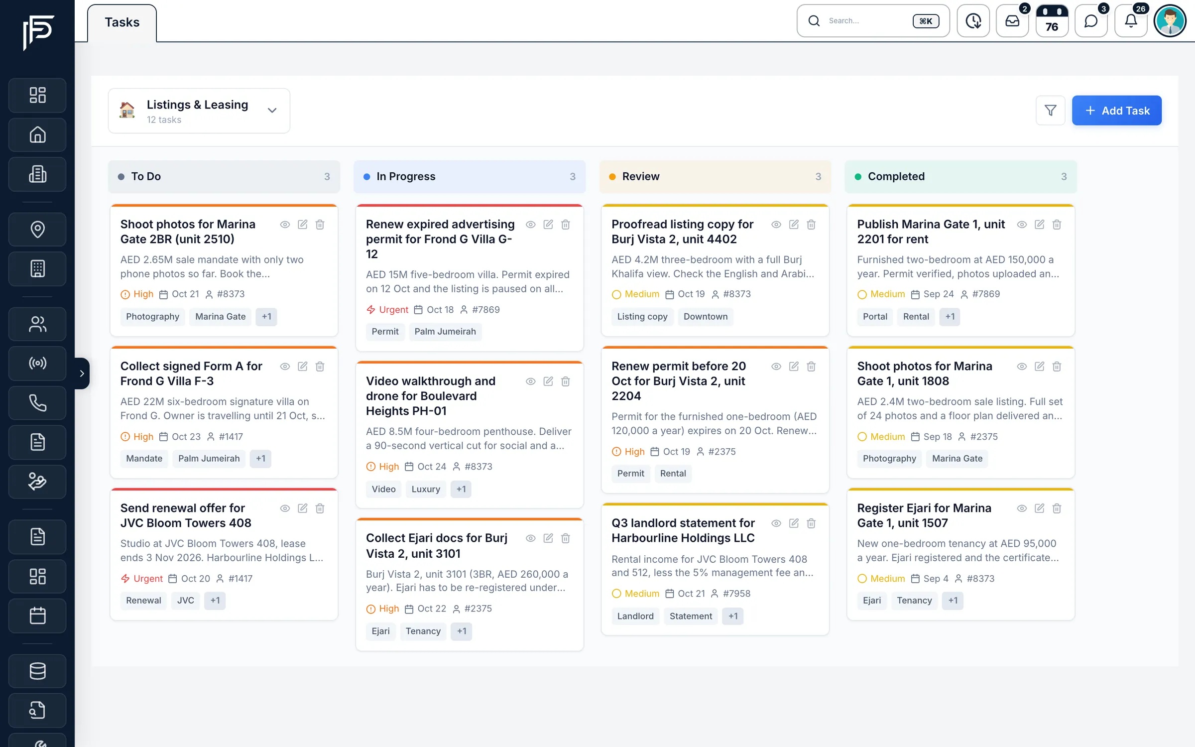 Propfusion CRM: Tasks board with To Do, In Progress, Review and Completed columns and cards with priority, due date and tags