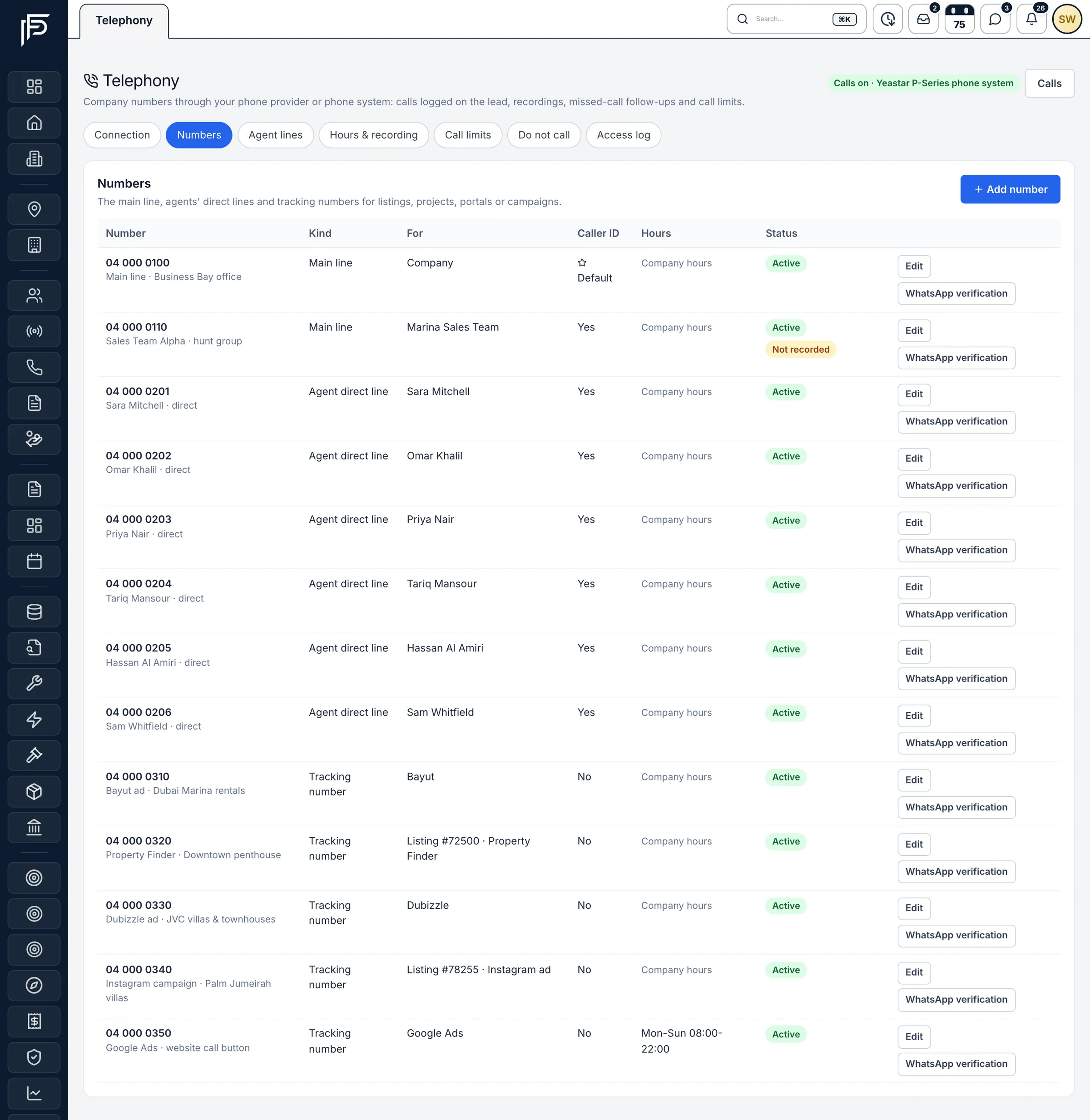 Propfusion CRM: Telephony settings with a Yeastar phone system connected and company numbers, hunt groups, agent lines and tracking numbers