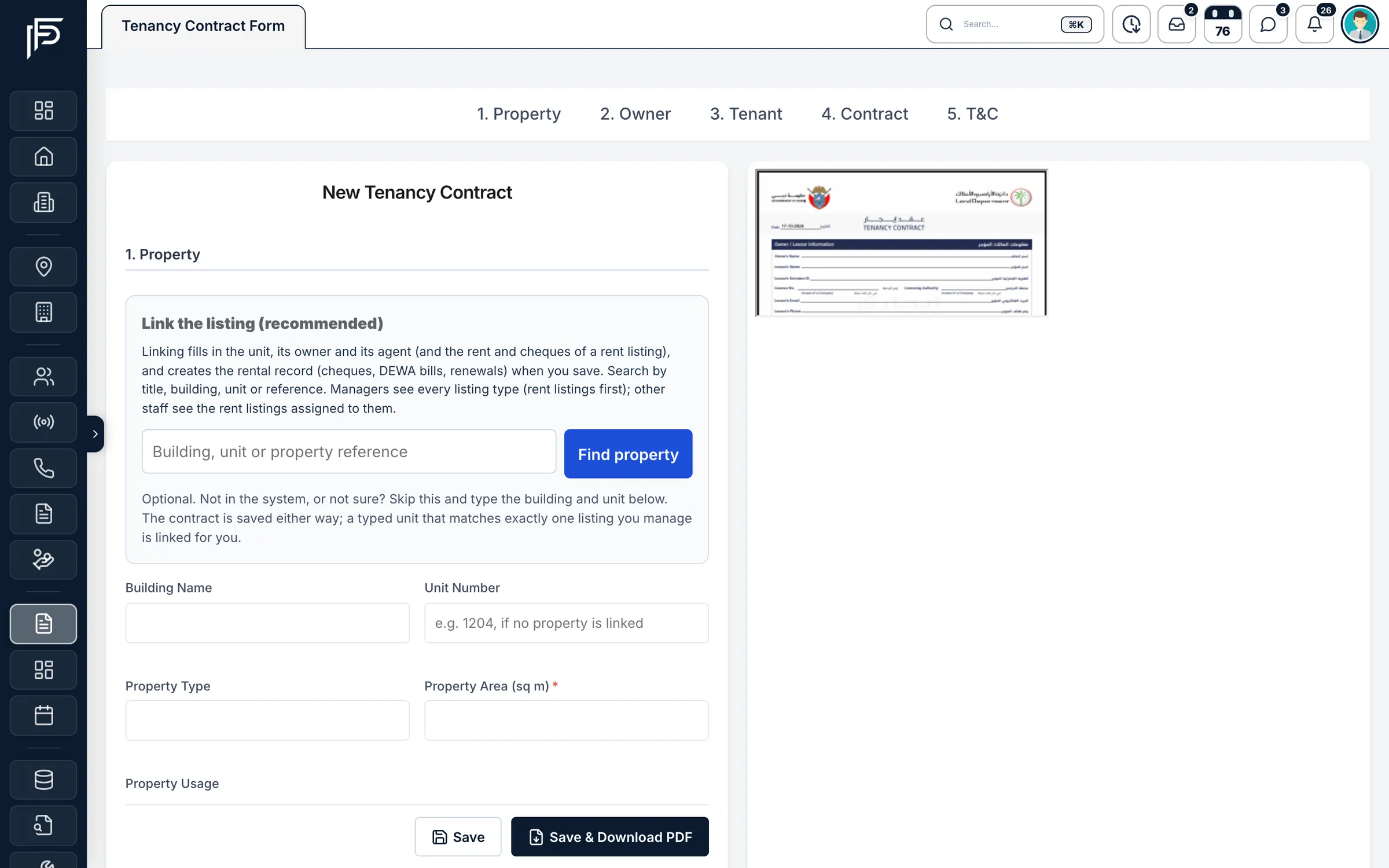 Propfusion CRM: Five-step tenancy contract form that links a listing to fill in details, with a Dubai tenancy contract preview