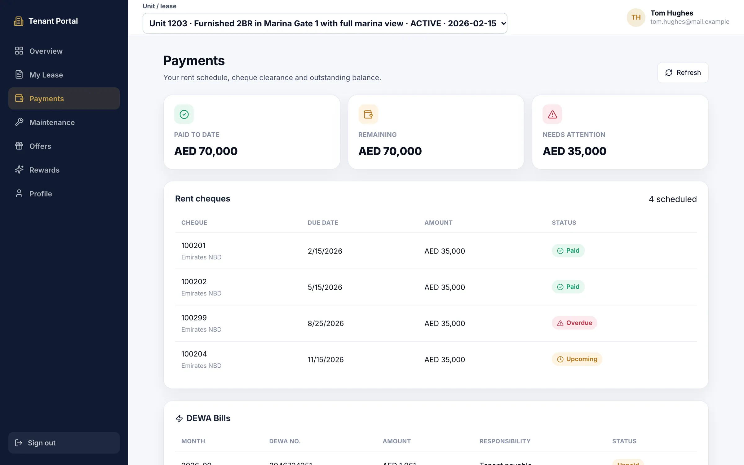 Propfusion CRM: Tenant portal Payments page with paid, remaining and needs-attention totals, rent cheque statuses and DEWA bills