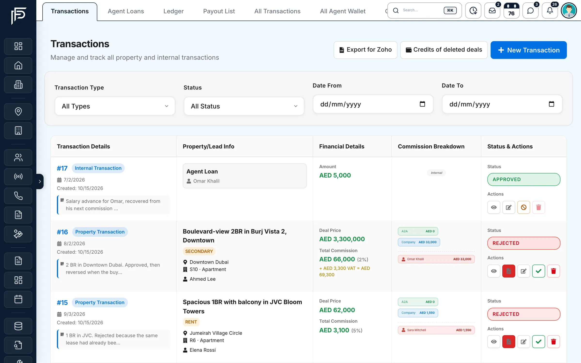 Propfusion CRM: Transactions list with deal price, total commission, company and agent split, and approved or rejected status