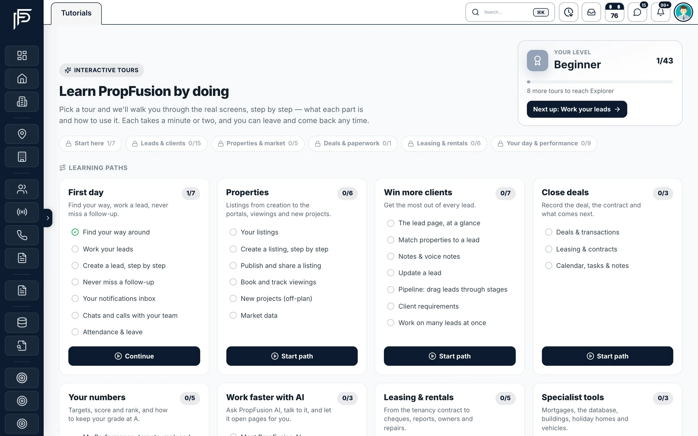 Propfusion CRM: Tutorials page with interactive tours grouped into learning paths and a level progress card