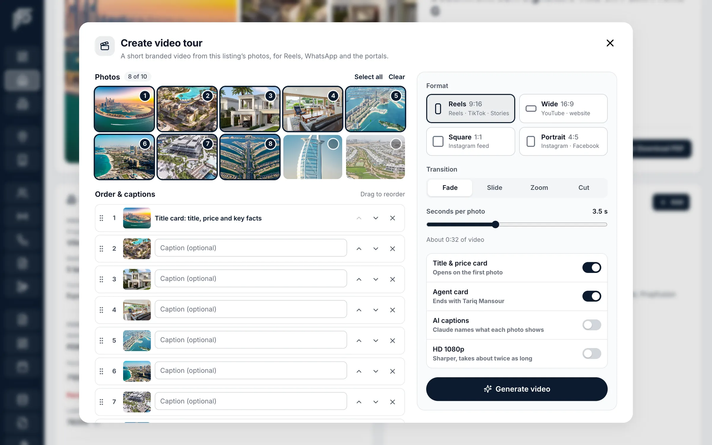 Propfusion CRM: Video tour builder with selected photos, captions, Reels, Wide, Square and Portrait formats and transitions