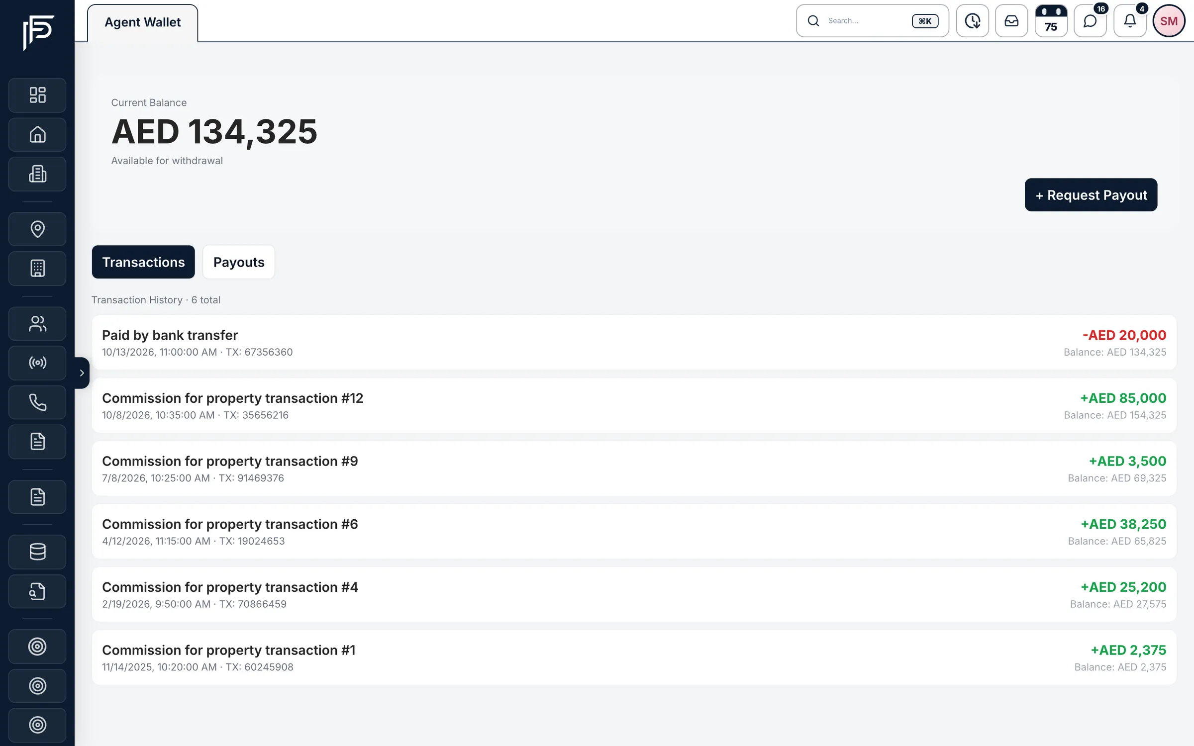 Propfusion CRM: Agent wallet with current balance, a Request Payout button and commission and payout transaction history