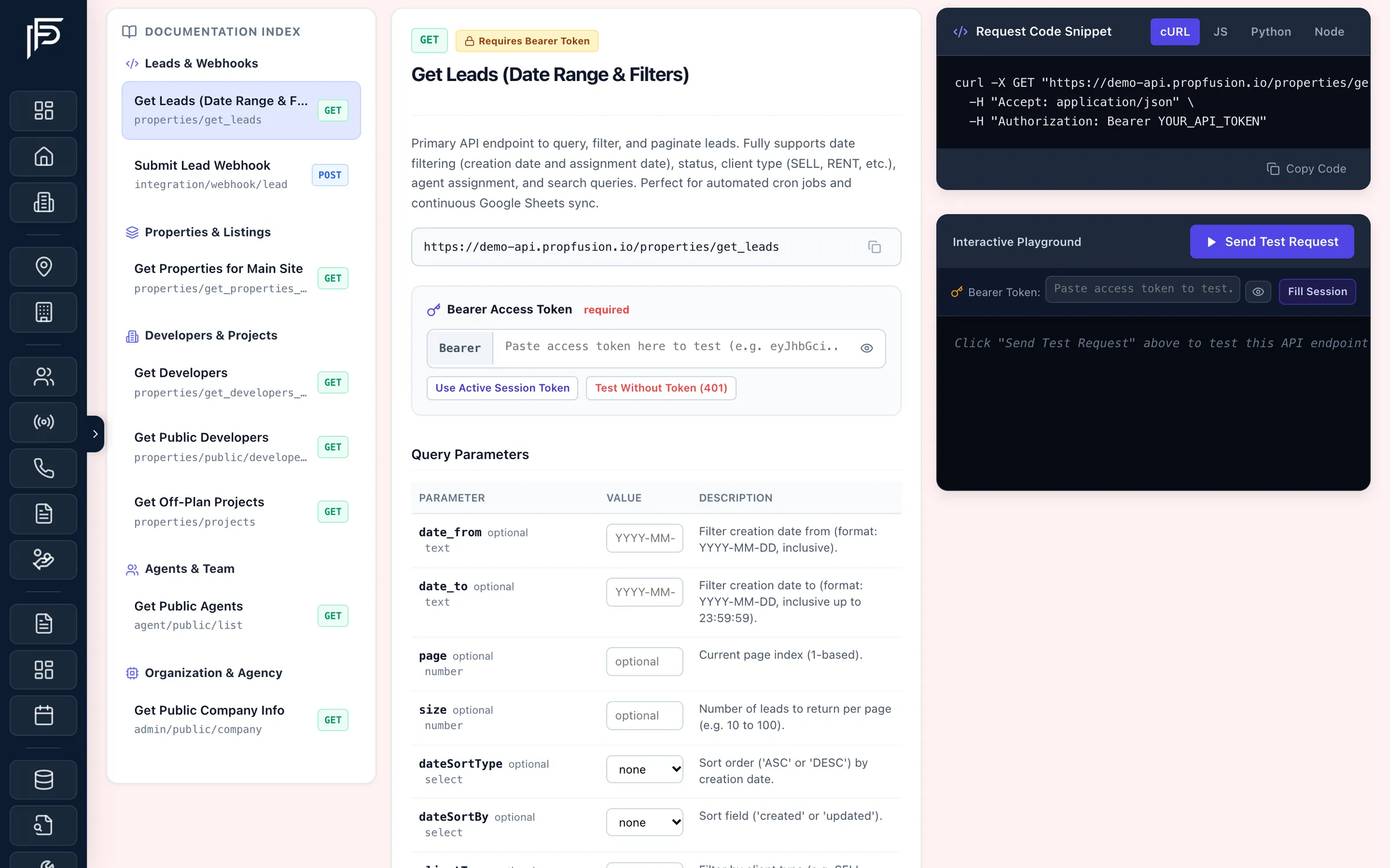 Propfusion CRM: API docs for Get Leads with query parameters, a bearer token field, a cURL snippet and a test playground