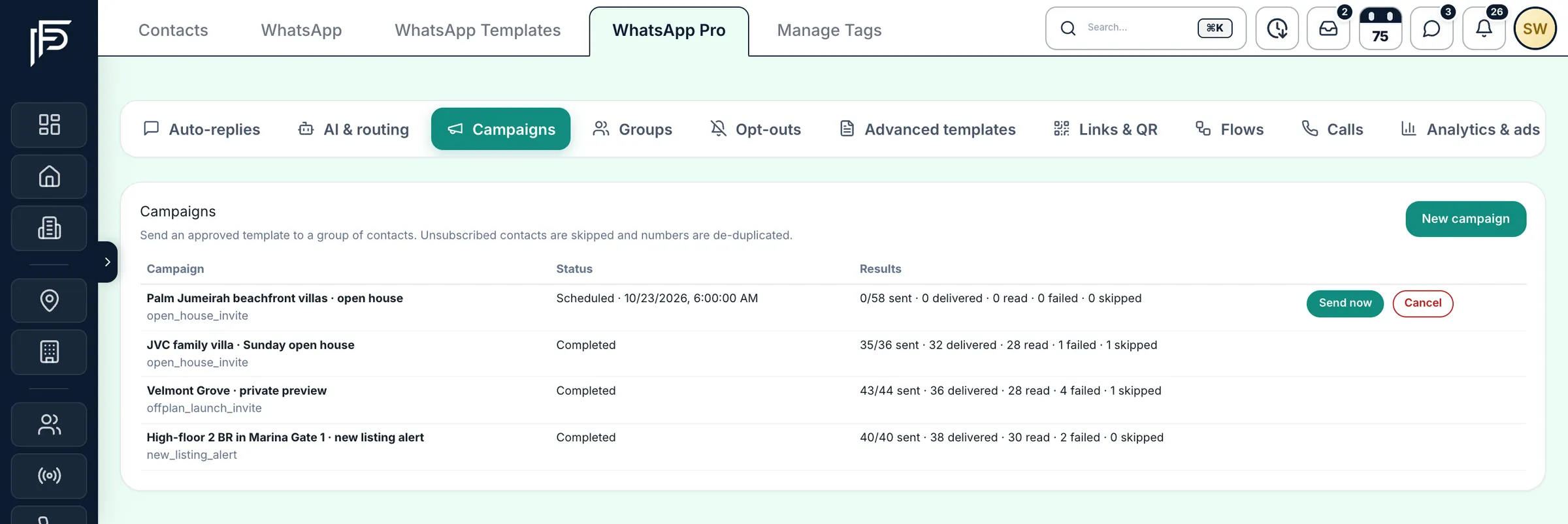 Propfusion CRM: WhatsApp Pro Campaigns tab with scheduled and completed campaigns and sent, delivered, read and failed counts