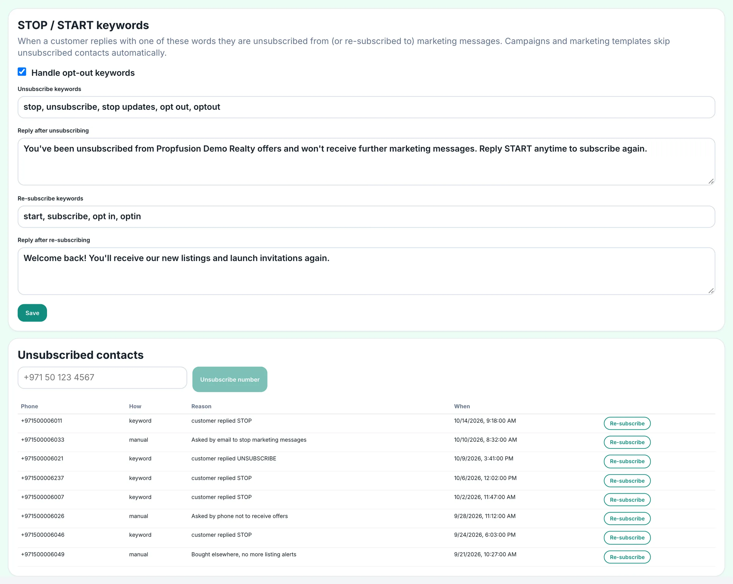 Propfusion CRM: WhatsApp opt-outs with STOP and START keywords, the replies customers receive and the unsubscribed contacts list