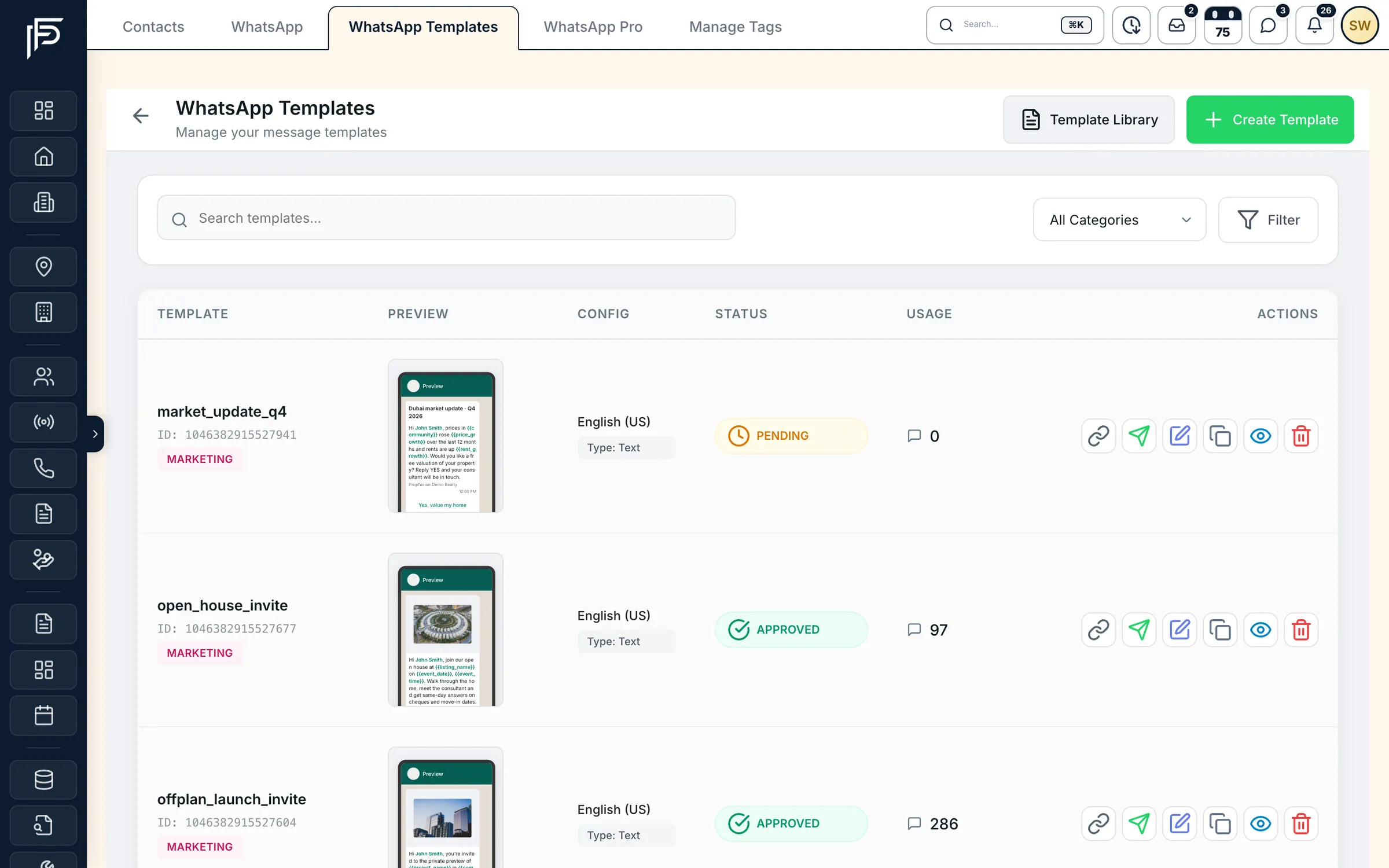 Propfusion CRM: WhatsApp templates list with message previews, category, approval status and usage counts