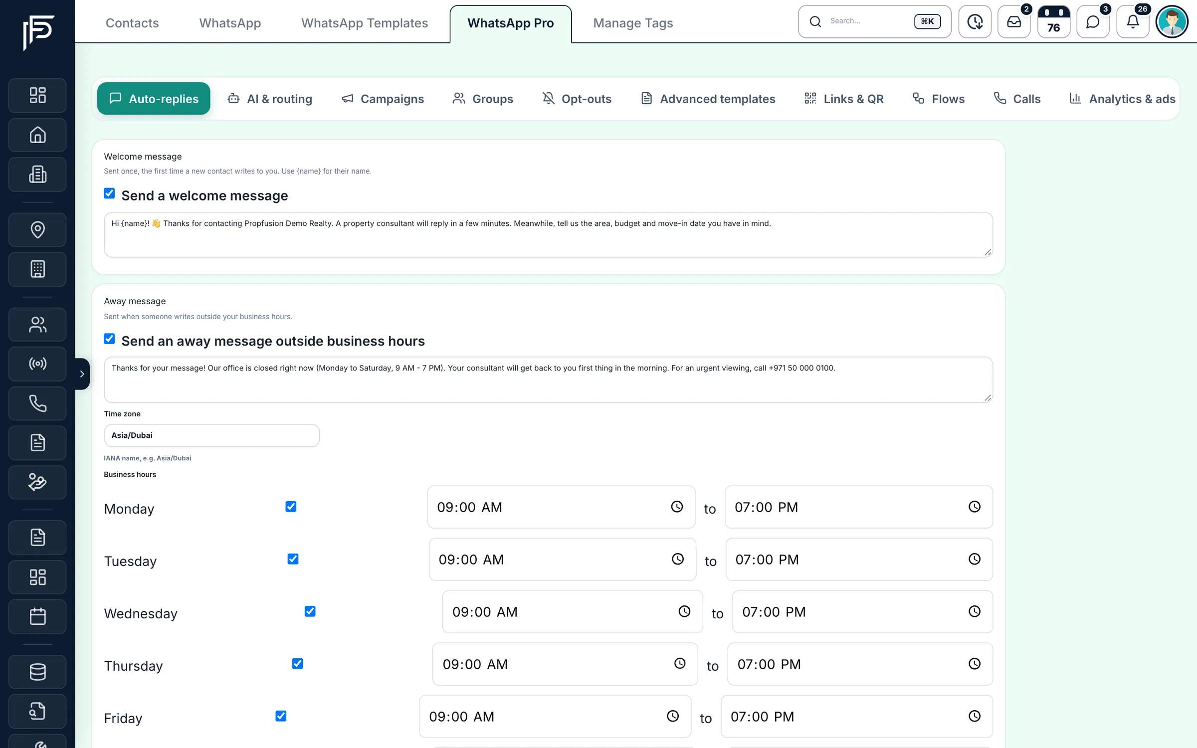 Propfusion CRM: WhatsApp Pro auto-replies with a welcome message, an away message and business hours for each day