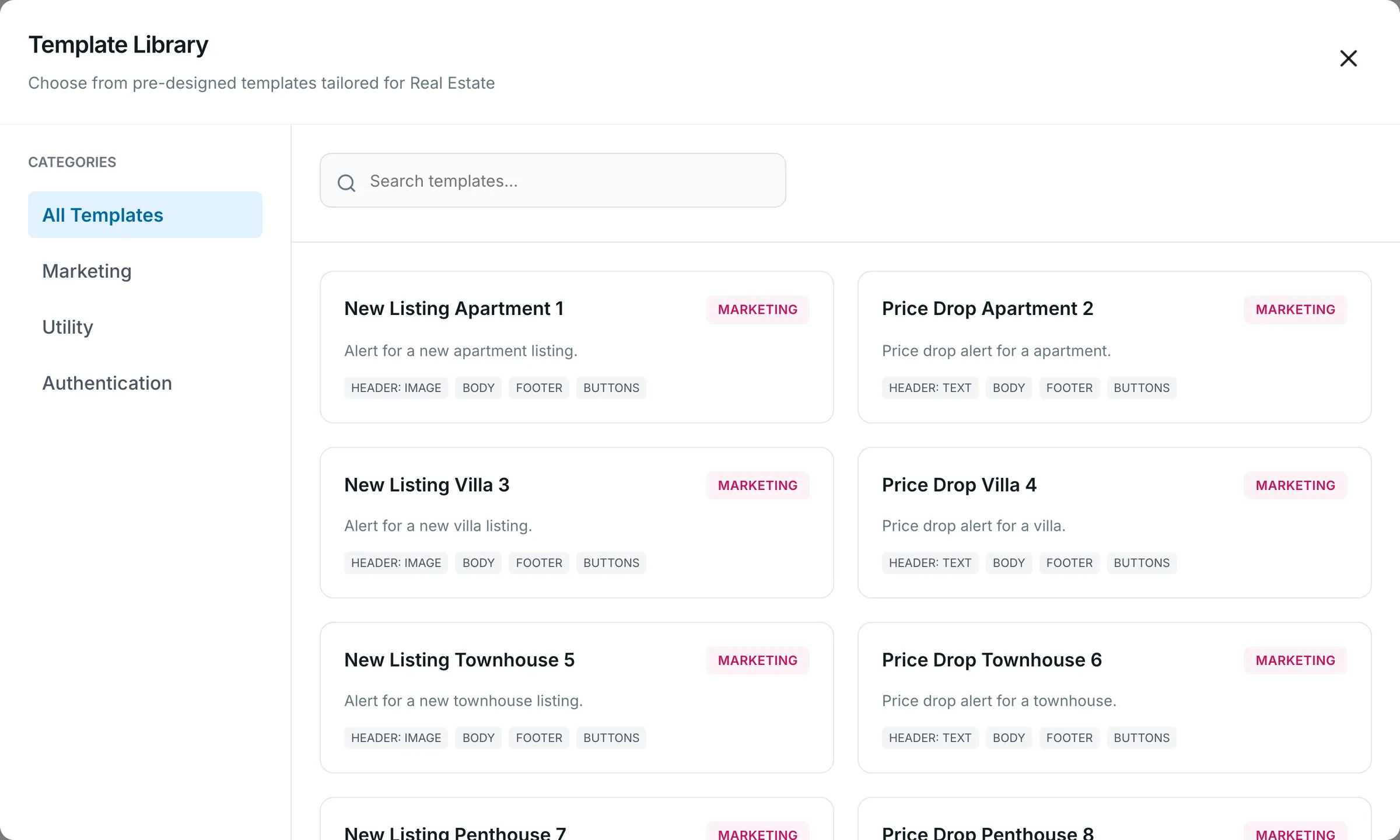 Propfusion CRM: WhatsApp template library with marketing, utility and authentication categories and ready-made listing alerts